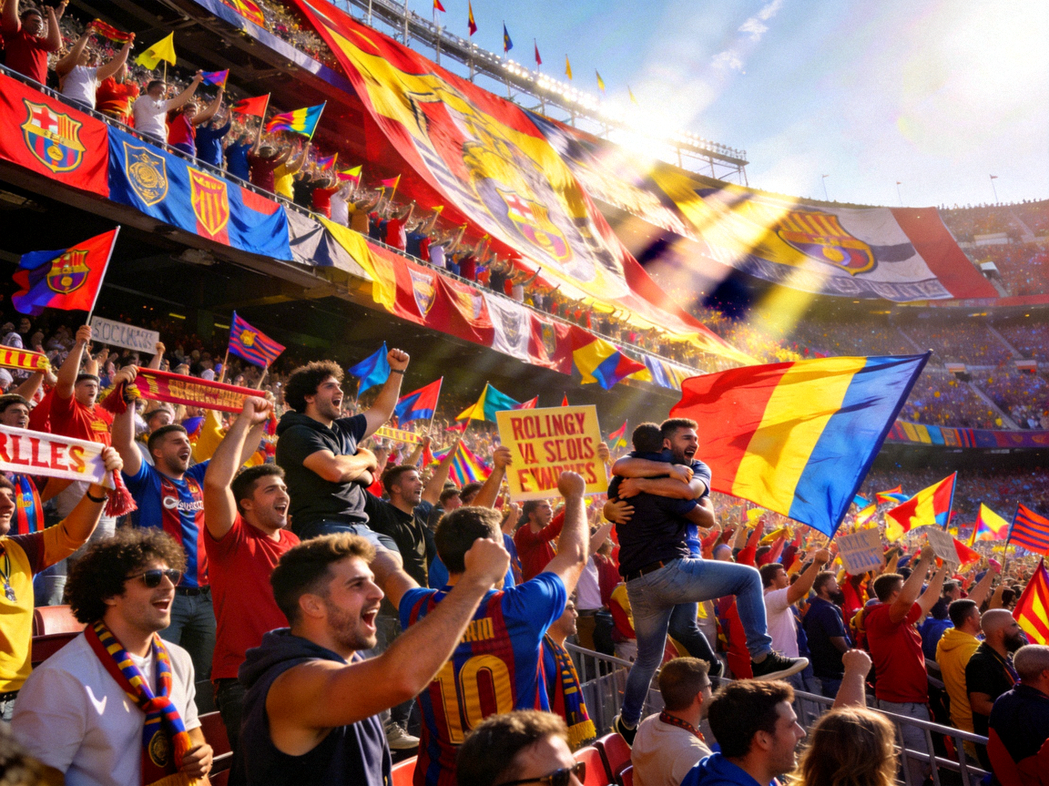 众多球迷在体育场看台上欢呼雀跃的宏大场景